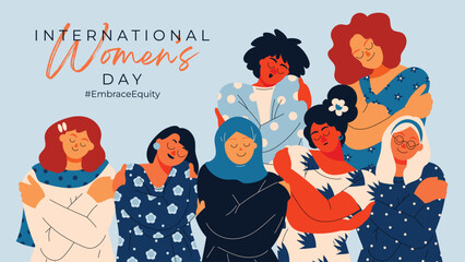 Fototapeta na wymiar International Women's Day banner vector. Embrace Equity hashtag slogan with hand drawn women character from diverse background hug and love themselves. Design for poster, campaign, social media post.