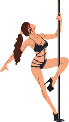 Fototapeta na wymiar Young pole dance woman in black leotard, cartoon style .Young, slim and beautiful pole dancer