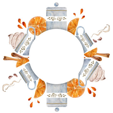 Watercolor hand drawn circle frame wreath with coffee cups, orange slices, juice drops. cinnamon spice. Isolated on white background. For invitations, cafe, restaurant food menu, print, website, cards