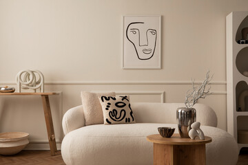 Creative composition of living room interior with mock up poster frame, white sofa, round coffee...