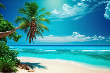 Naklejka na ściany i meble Sandy tropical beach with island on background. Summer vacation, tropical beach with turquoise water. Summer vacation and travel concept. generative AI