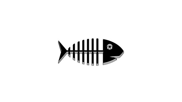 Black Fish skeleton icon isolated on white background. Fish bone sign. 4K Video motion graphic animation