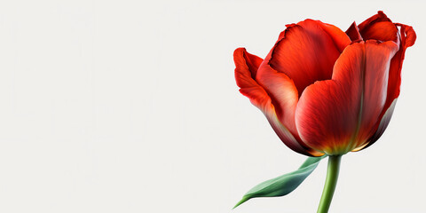 Red tulip isolated on white background with copy space for your text. Copy space. Left orientation