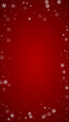 Obraz na płótnie Canvas Snowfall overlay christmas background. Subtle flying snow flakes and stars on christmas red background. Festive snowfall overlay. Vertical vector illustration.