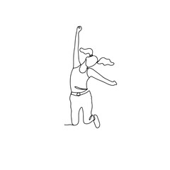Single line drawing of jumping woman. Linear hand drawn doodle on white background