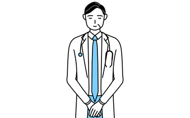 手を組んでお辞儀する聴診器をかけた白衣の男性医師、シニア・中高年のベテラン医師