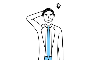 困って頭をかく聴診器をかけた白衣の男性医師、シニア・中高年のベテラン医師