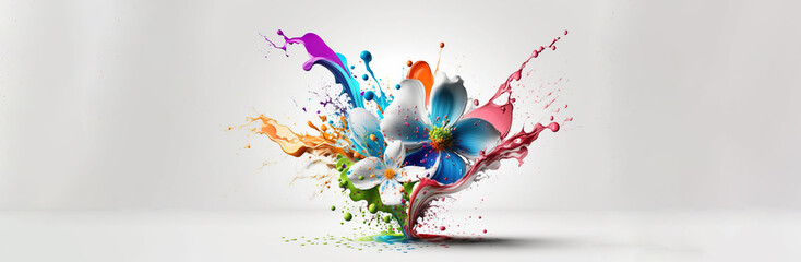 Levitating of spring or summer colorful flower bouquet with liquid water splash on white background, Blooming levitation, Greeting card, Surreal aesthetic nature concept AI Generative