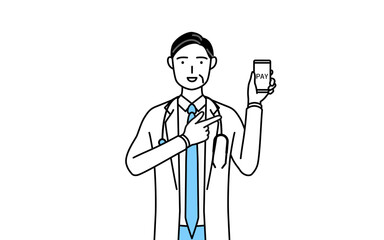 スマホのキャッシュレス・オンライン決済を勧める聴診器をかけた白衣の男性医師、シニア・中高年のベテラン医師