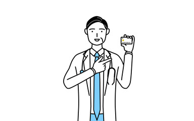 クレジット決済を勧める聴診器をかけた白衣の男性医師、シニア・中高年のベテラン医師