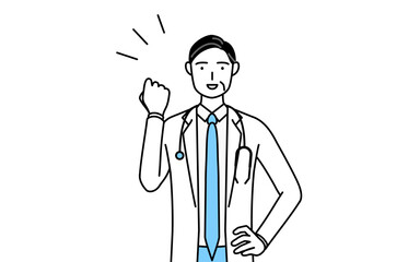 ガッツポーズをする聴診器をかけた白衣の男性医師、シニア・中高年のベテラン医師