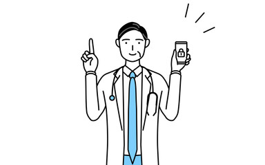 スマホのセキュリティ対策をする聴診器をかけた白衣の男性医師、シニア・中高年のベテラン医師