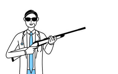 サングラスをかけてライフル銃を持つ聴診器をかけた白衣の男性医師、シニア・中高年のベテラン医師