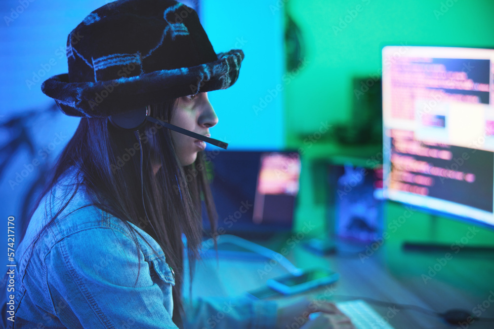 Leinwandbilder Hacker headset, computer or neon coding on cybersecurity ransomware, SEO night phishing or code programming. Programmer, developer or woman on technology for dark web software, iot bug or safety scam