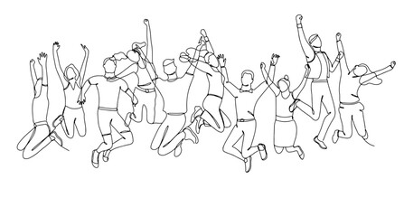 Fototapeta na wymiar Single line drawing of jumping people, men and women. Linear hand drawn doodle on white background