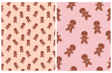 Funny Christmas Holidays Vector Seamless Patterns with Cute Gingerbread Man Cookie isolated on a Coral and Pastel Pink Background. Lovely Print with Sweet Gingerbread Cookies ideal Wrapping Paper.