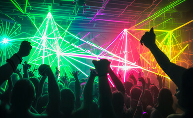 Fototapeta na wymiar Dynamic Nightclub Party with Laser Lights and Smoke Machine. vibrant energy of crowded club. Generative AI