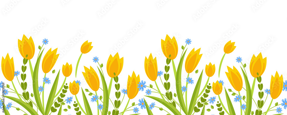 Wall mural floral border. cute horizontal banner with blooming yellow tulips. spring seamless pattern