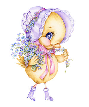 Cute chick with bouquet of forget-me-nots in a vintage hat and boots. Funny lady chicken with spring flowers Hand drawn watercolor illustration. Ideal for Easter greeting and invitation cards, PNG