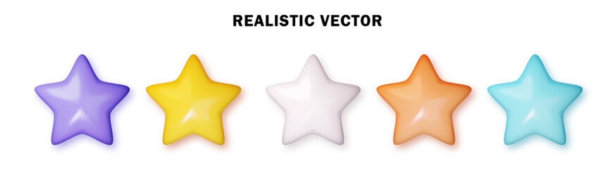 Stars set glossy colors. PNG.  Realistic 3d design vector object. Vector illustration.