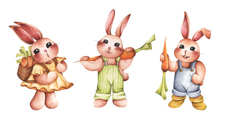 Obraz na płótnie Canvas Cute bunny for spring season. Isolated on white background. Easter rabbit. Hand drawn sketch and watercolor illustration. Rabbit cartoon collection. Animal wildlife character set.