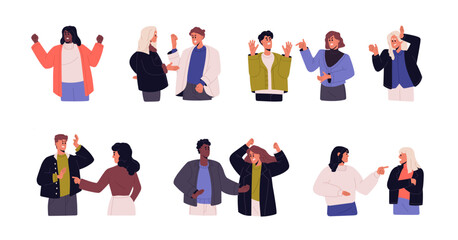 Angry people in conflict, quarrel, fight set. Aggressive characters in anger, disagreement, brawling, abusing, talking with neagtive emotions. Flat vector illustrations isolated on white background