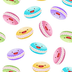 Cute macarons seamless pattern. Vector illustration. Food icon concept. Flat cartoon style..