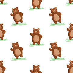 Seamless vector pattern with forest brown bear, on the grass. Vector illustration for fabric, texture, wallpaper, poster, postcard. Editable elements. Cartoon design.