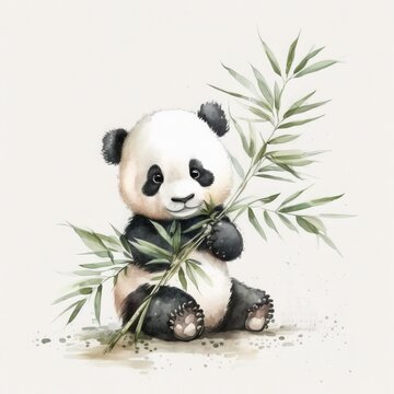 cute baby panda eating bamboo,watercolor painting, white background