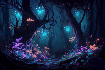 Fantasy forest at night. magic luminous flowers in fairy
