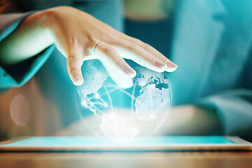 Closeup, hand and woman with globe, hologram and futuristic communication, network and international innovation. Zoom, female and tablet with holographic icon, data analysis and global information