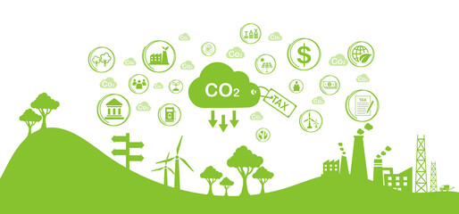 Concept of green Co2 Tax, carbon tax, Page Template with icon. Taxation for Nature Pollution. Flat design, vector illustration for web banner.