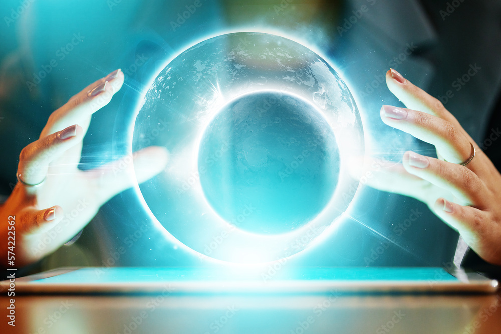 Aufkleber Closeup, woman with tablet and hands with hologram, global communication and networking for business growth. Zoom, female developer and web designer with device, holographic, data analytics and graph