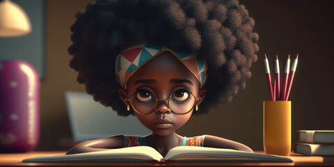 Child reading a book. Cartoon school student girl with afro hair and eyeglasses studying. Generative AI
