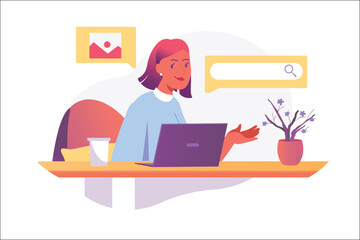 Girl suffering internet Asian concept with people scene in the flat cartoon design. Girl surfs on the Internet sitting at home. Vector illustration.