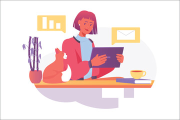 Work from home Asian concept with people scene in the flat cartoon style. Woman works remotely sitting at home with a cat. Vector illustration.