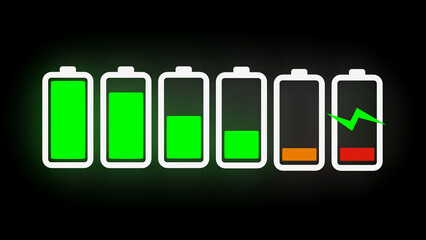 Discharged and various level energy batteries infographic set on black background, 3d rendering