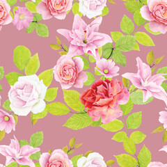 floral ornament with lily and roses illustration seamless pattern