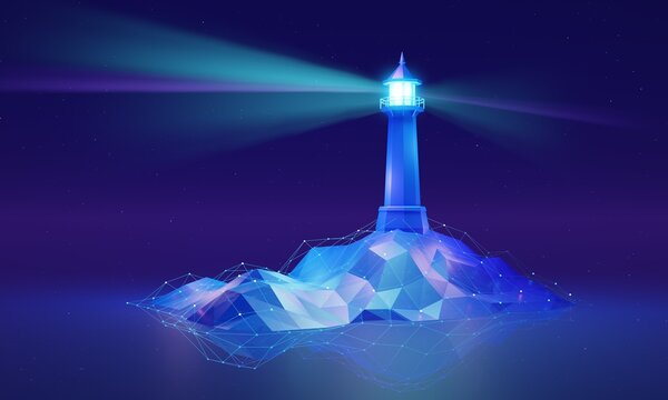 Towering lighthouse in a futuristic, digital world, 3D illustration concept. Evolving technology and the potential for progress. A guide, inspiring innovation and leadership towards a brighter future.