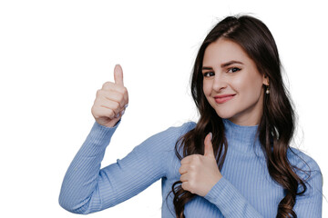 Close up of beautiful brunette woman in lilac sweater showing thumbs up, smiles over transparent background with empty space for ad. Attractive girl approves choice. Mockup sales, discount.