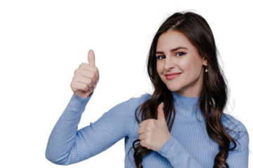 Close up of beautiful brunette woman in lilac sweater showing thumbs up, smiles over transparent background with empty space for ad. Attractive girl approves choice. Mockup sales, discount.