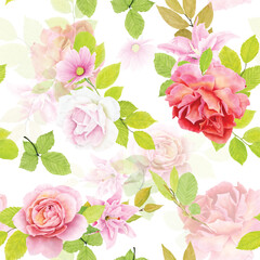Fototapeta premium floral ornament with lily and roses illustration seamless pattern