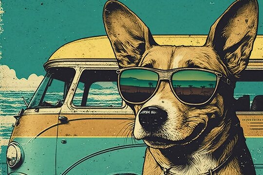 Cool Old Vintage Look Of A Dog In A Beach  Generative Ai