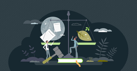 Environmental policy with nature friendly laws and eco rules tiny person concept. Renewable and nature friendly regulations from government vector illustration. Responsible legal climate awareness.