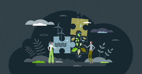 Sustainable solutions and ecological items combination tiny person concept. Nature friendly power, renewable material usage and resources saving as guidelines for planet climate vector illustration. - obrazy, fototapety, plakaty