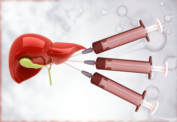 Fototapeta na wymiar Human liver anatomy with injection syringe. scientific background. 3d illustration.