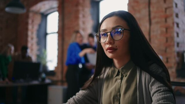 Portrait Of Attractive Asian Woman With Eyeglasses In Office, Lady Working With Computer
