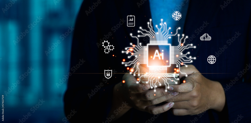 Poster digital artificial intelligence ai business technology internet network concept. businessman using s