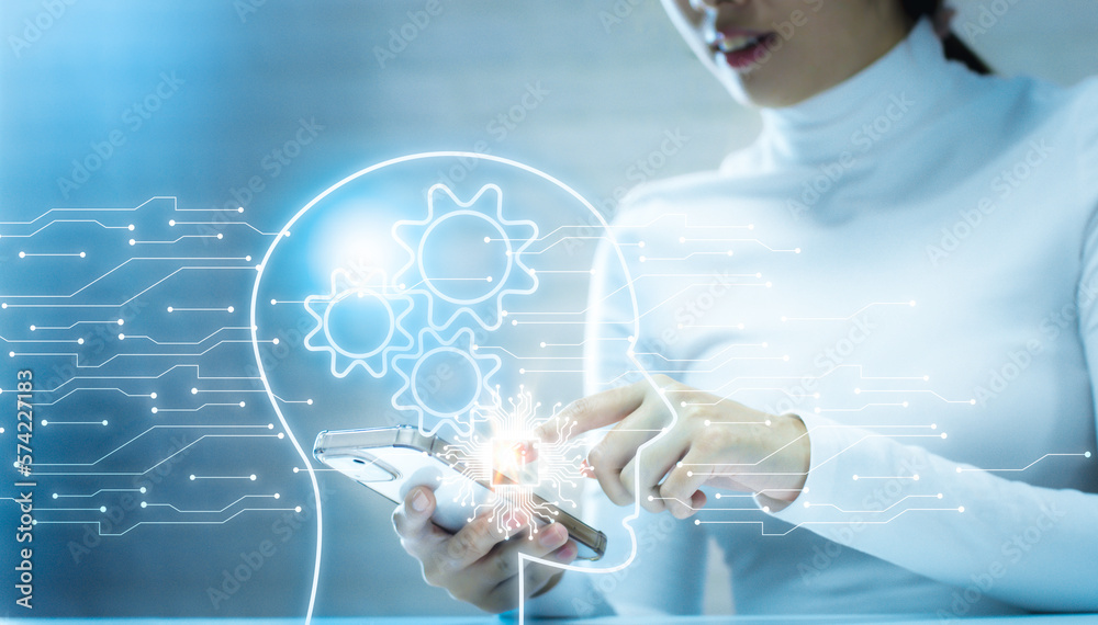 Poster artificial intelligence(ai) chatbot conversation assistant. woman using online service ai chatgpt au