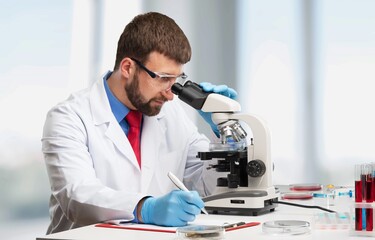 Serious medical scientist do research in laboratory